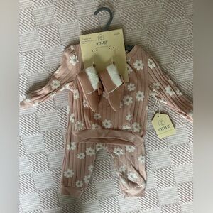 Baby Pink Floral Ribbed Knit Romper with Faux Fur Booties